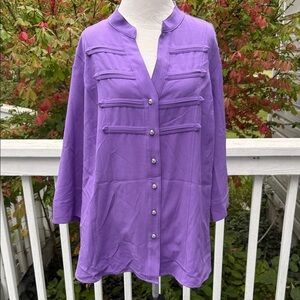 Kathy Che Stretch purple military front deep v adjustable tab sleeve top 18/20W
